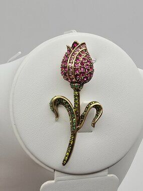 Heidi Daus Dutch Treat Pavé Crystal Fuchsia Tulip Pin Brooch Signed - EUC